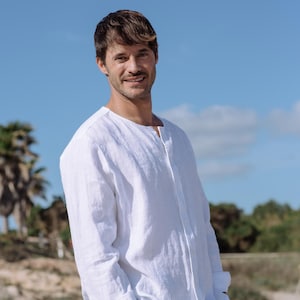 Mens Linen Shirt – White Banded Collar Shirt for Summer – Lightweight Button Down Long Sleeve Shirt for Casual Travel Looks BEDARRA