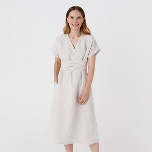Linen Wrap Dress with Pockets – Short Sleeve Midi Dress in Natural Melange – Boho Wedding Guest Outfit – Vacation Ready Summer Wear BOHOL