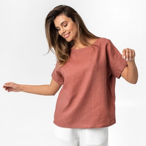 Loose Linen Blouse in Clay Pink – Short Sleeve Boat Neck Linen Shirt – Lightweight Stonewashed Linen Top – Breathable Summer Wear AMED