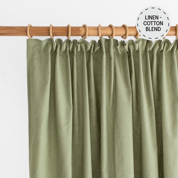 Pencil pleat linen-cotton curtain panel (1 pcs) in Sage. Linen curtains with header tape. Custom size drapes