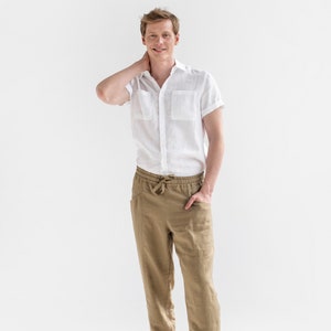 Mens Linen Pants – Dried Moss Trousers with Elastic Waist and Cargo Pockets – Lightweight Summer Wear for Men - Breathable Outfit TRUCKEE