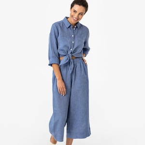 Denim Chambray Linen Culottes BRUNY – Lightweight Wide Leg Capri Pants for Women – Elastic Waist Summer Bottoms – Travel Clothing BRUNY