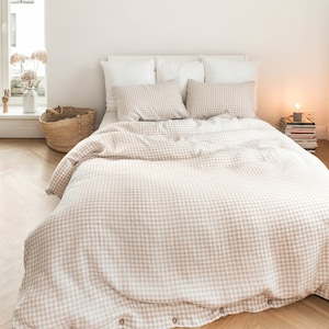 Natural Gingham Linen Duvet Cover Set – 3 Piece Queen King Bedding – 100% European Flax, Stonewashed Linen, Breathable Checkered Bedding