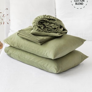 Sage Green Linen Cotton Sheet Set – Soft Stonewashed Bedding – Fitted Sheet, Flat Sheet and Pillowcases – Breathable OEKO-TEX Bed Sheets