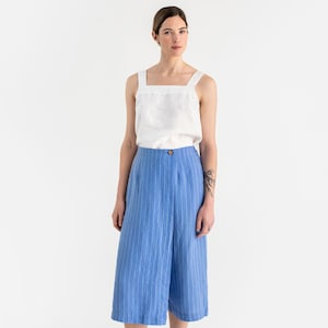 Blue Striped Linen Culottes Pants for Women – Wide Leg High Waist Trousers – Linen Skirt Pants with Pockets – Summer Relaxed Fit BUSAN