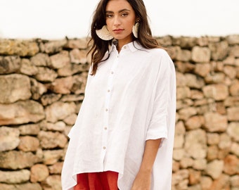 Chemisier Femme En Lin Et Coton - Manches Courtes, Boutons, Coupe Ample été