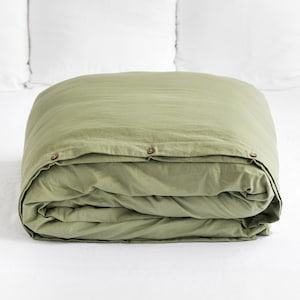 Housse de couette vert sauge - Linge de lit en lin et coton - Couette hypoallergénique respirante - Housse OEKO TEX grand lit délavée à la pierre
