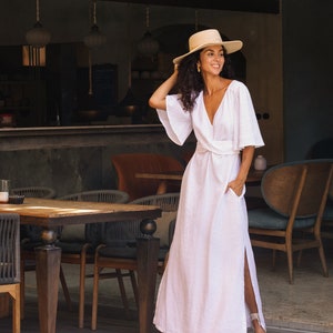 White linen dress AGRA. Linen maxi dress. Wedding dress. Elegant dress. Linen wrap dress. Linen clothing for women White