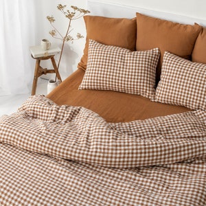 Linen duvet cover in Cinnamon gingham. Queen King duvet cover. Farmhouse bedding. Checkered bedding. 100% linen. Custom sizes available image 1