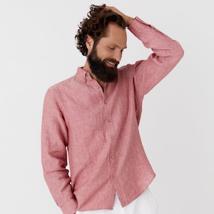 Mens Linen Shirt – Long Sleeve Button Down Summer Shirt for Men – Lightweight Relaxed Fit Gift for Husband – Cranberry NEVADA