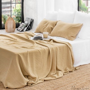 Linen flat sheet in Sandy beige Custom size bed sheets, linen bedding King, Queen sizes image 1