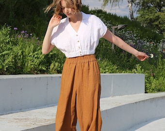 Wide Leg Linen Pants for Women in Cinnamon – Plus Size Stonewashed Culottes with Pockets – High Rise Elastic Waist Trousers ALCUDIA