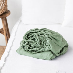 Linen fitted sheet in Matcha Green. Washed linen sheet. King, Queen, custom bed sheet.