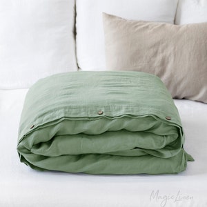 Linen duvet cover in Matcha Green. King, queen, twin, custom sizes.