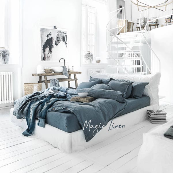 Housse de couette en lin gris bleu. Literie en lin sur mesure. Tailles roi, reine.