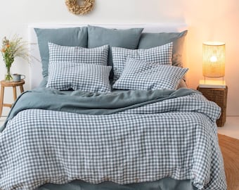 Linen duvet cover in Gray blue gingham. 100% linen quilt cover. Duvet cover king queen. Comforter cover