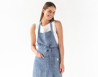 Linen apron with pockets in blue denim texture. Linen apron for women. Full apron for cooking, gardening.