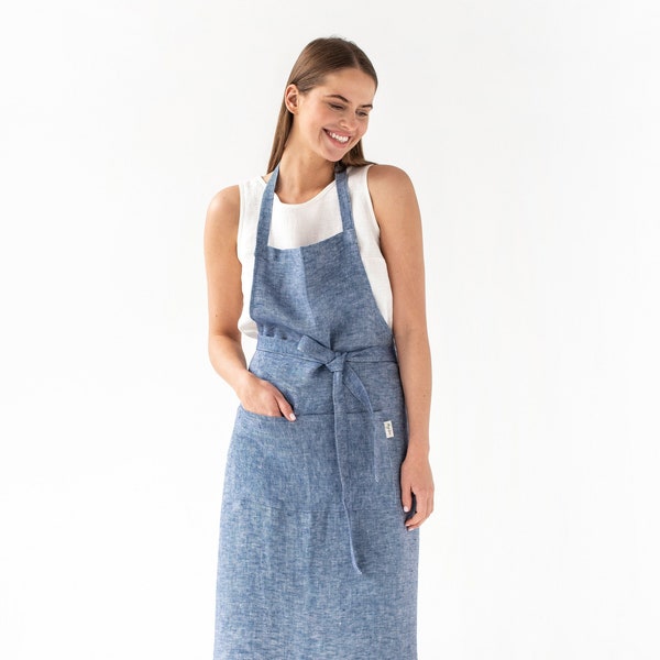 Linen apron with pockets in blue denim texture. Linen apron for women. Full apron for cooking, gardening.