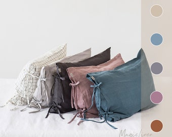 Linen pillowcase with skinny ties. Washed bow tie pillow cover in standard, queen, king, custom sizes.