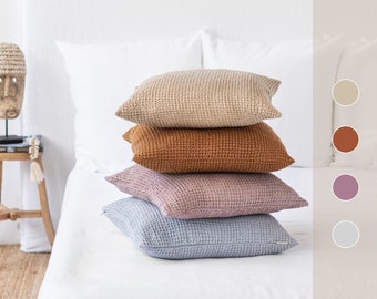 Linen throw pillow cover. Woodrose, Beige, Light Grey sofa pillow case. Decorative linen throw pillow. Waffle pillow cover.