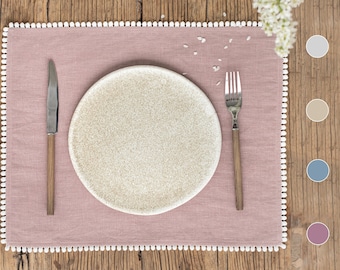 Linen placemats with pom pom trim. Placemats set of 2. Linen placemat set.