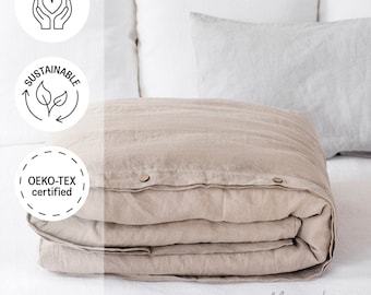 Linen duvet cover in Natural Linen (Oatmeal) color. Custom made bedding. King, Queen, Twin, Double, Full size bed linens.