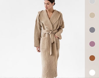 Waffle linen robe / Hooded linen robe / Waffle bathrobe for women / Linen gown in various colors