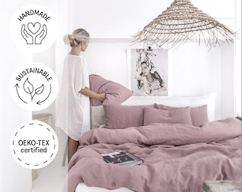 Linen duvet cover in Woodrose (Dusty Pink). Washed linen bedding. Custom sizes. Farmhouse decor