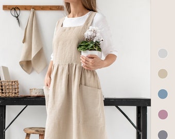 Linen pinafore apron | Pinafore dress with pockets | Stonewashed linen apron for cooking and gardening