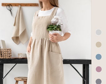 Linnen schort schort | Overgooierjurk met zakken | Stonewashed linnen schort voor koken en tuinieren