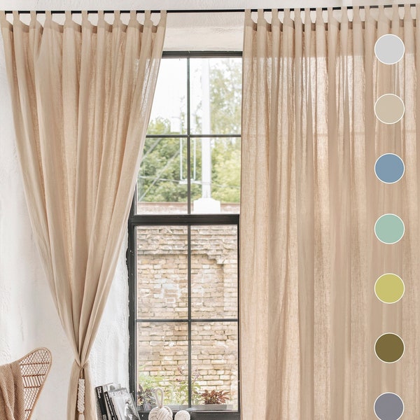 Tab top linen curtain panel  (1 pcs). Semi sheer window or door curtain. Custom size rod pocket drapes.