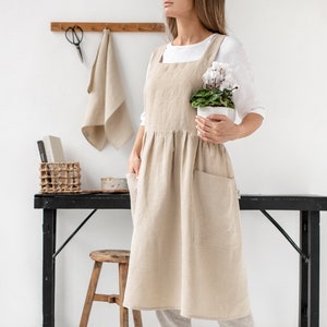Linen pinafore apron Pinafore dress with pockets Stonewashed linen apron for cooking and gardening Natural