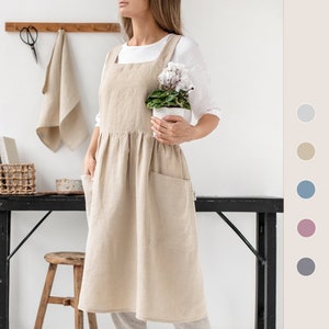 Linen pinafore apron | Pinafore dress with pockets | Stonewashed linen apron for cooking and gardening