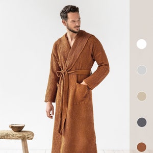 Men's linen waffle robe / Unisex linen robe / Waffle bath robe for men / Loungwear for men Cinnamon