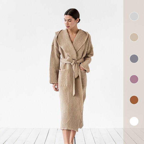 Waffle linen robe / Hooded linen robe / Waffle bathrobe for women / Linen gown in various colors