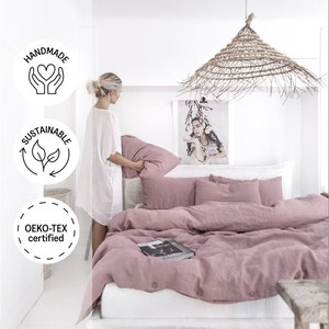 Linen duvet cover in Woodrose Dusty Pink. Washed linen bedding. Custom sizes. Farmhouse decor image 1