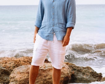 Linen cargo shorts for men LUGANO. Drawstring shorts, elastic waist pants with pockets. White shorts. Linen clothing for men.