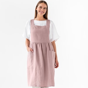 Linen Pinafore Apron Dress – Stone Washed Natural Linen Apron with Pockets – Comfortable Cooking and Gardening Dress – Sustainable Clothing