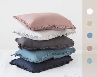 Funda de almohada de lino con volantes en Varios colores. Funda de almohada con volantes suaves y lavada a la piedra.