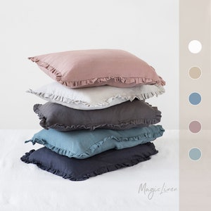 Ruffled linen pillow case in Various colors. Stone washed, soft ruffle pillow cover. image 1