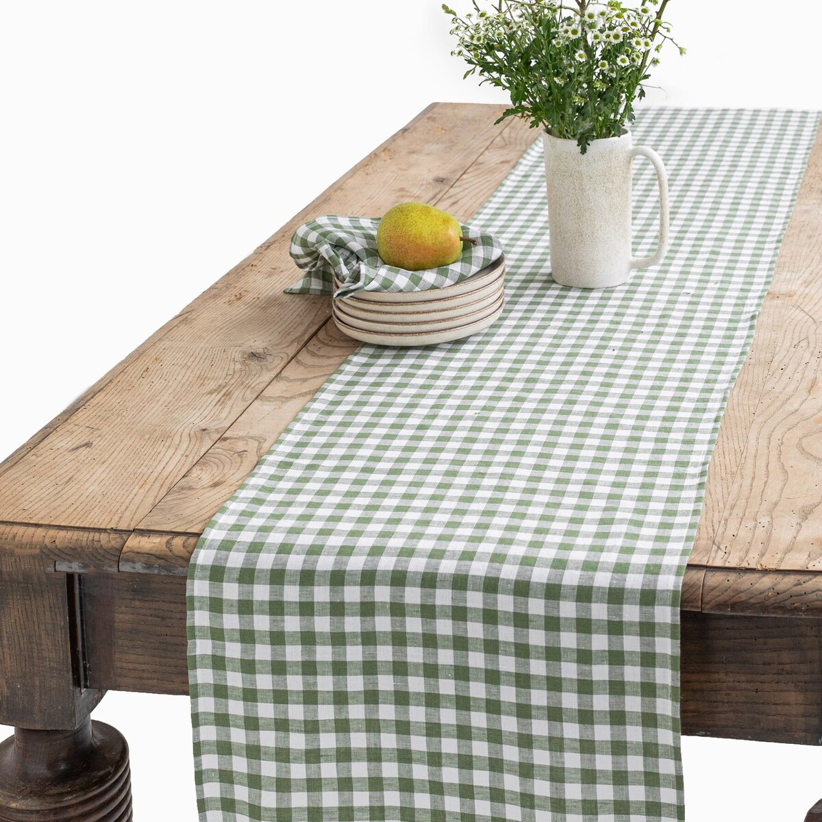 Linen Table Runner in Forest Green Gingham
