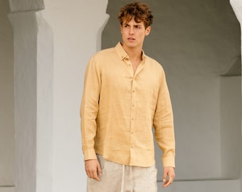 Linen shirt for men NEVADA in Sandy beige / Long sleeve, classic linen shirt with buttons / Summer shirt / Linen clothing for men