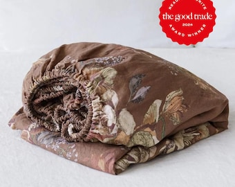 Floral Linen Fitted Sheet — 100% European Flax Bedding — All-Around Elastic — 10 or 18in Pocket Types