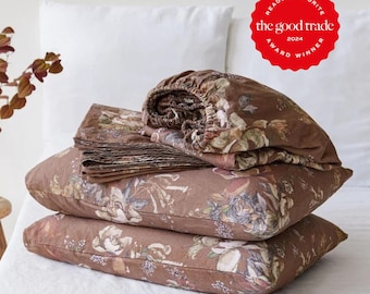 Floral Linen Sheet Set — 4 Piece 100% European Flax Bedding — Fitted Sheet, Flat Sheet and 2 Pillowcases — 10 or 18in Pocket Types