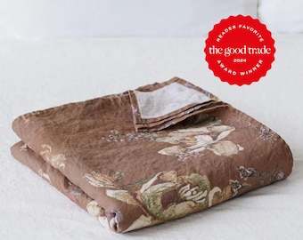 Floral Linen Flat Sheet — 100% European Flax Bedding — Oversized Top Sheet — Pre-Washed Bed Sheet