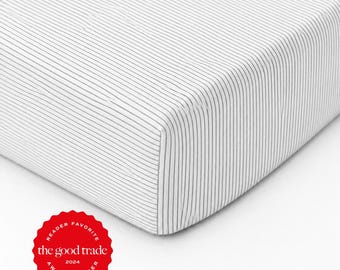 Black Pinstripe Linen Fitted Sheet — 100% European Flax Linen Bedding — All-Around Elastic — Regular 10in or Deep 18in Mattress Pocket Types