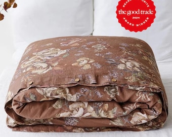 Floral Linen Duvet Cover — 100% European Flax Bedding — Designed with Interior Ties and Coconut Button Closure