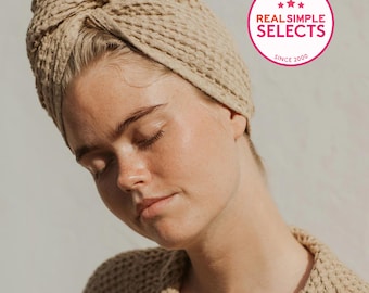 Beige Linen Cotton Hair Towel Turban – Waffle Weave Head Wrap with Button – Quick Drying Hair Towel for Women – Soft Stonewashed Accessory