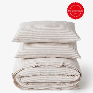 Natural Striped Linen Duvet Cover Set – 3 Piece Queen King Bedding Set – European Flax, Stonewashed Linen, Neutral Duvet Set - Gift-Ready