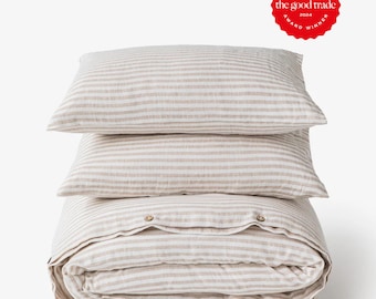 Natuurlijk gestreept linnen dekbedovertrekset – 3-delige queensize/kingsize beddenset – Europees vlas, stonewashed linnen, neutrale kleur – klaar om cadeau te geven